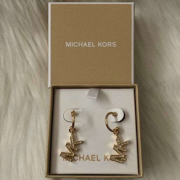 MICHAEL KORS Pave Drop Logo Huggies Earrings in Gold - Picture 1 of 2